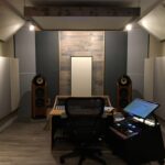 Bass Traps Tri Traps and hanging cloud panels by GIK Acoustics in Sun Room Audio Mastering Studio straight on